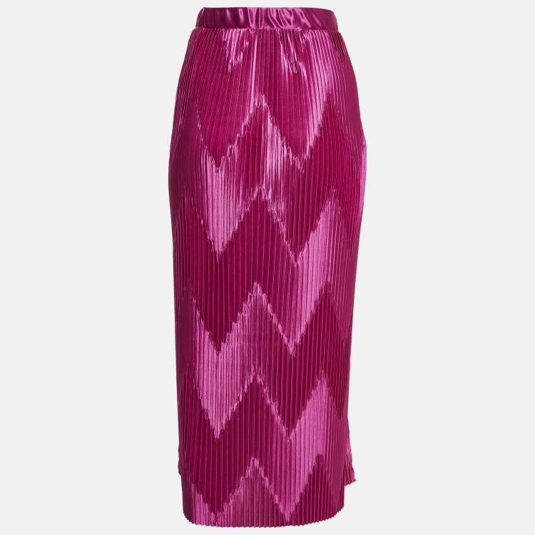Pre Owned Givenchy Pink Zig-Zag Plisse Satin Midi Skirt M