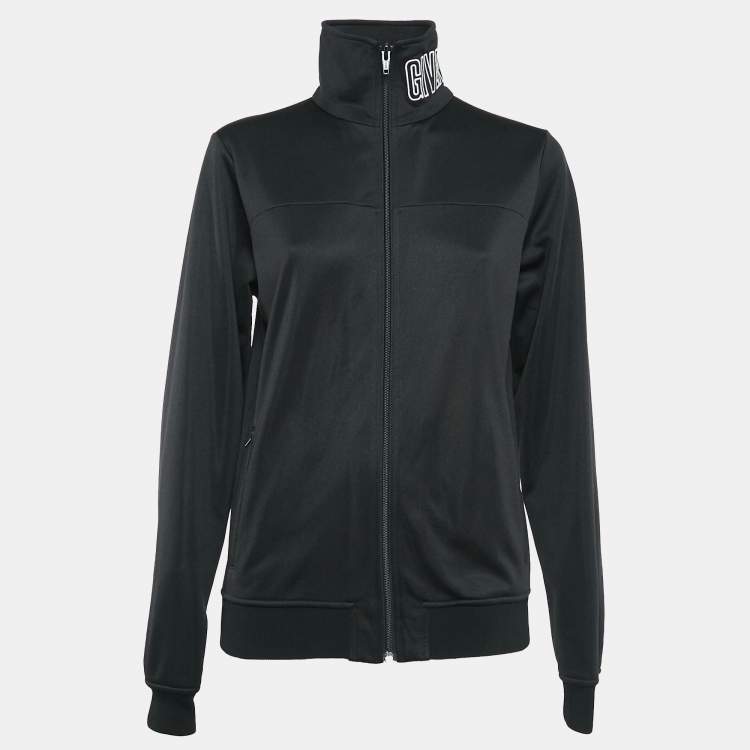 Pre Owned Givenchy Black Synthetic Logo Embroidered Collar Zip Front Jacket M