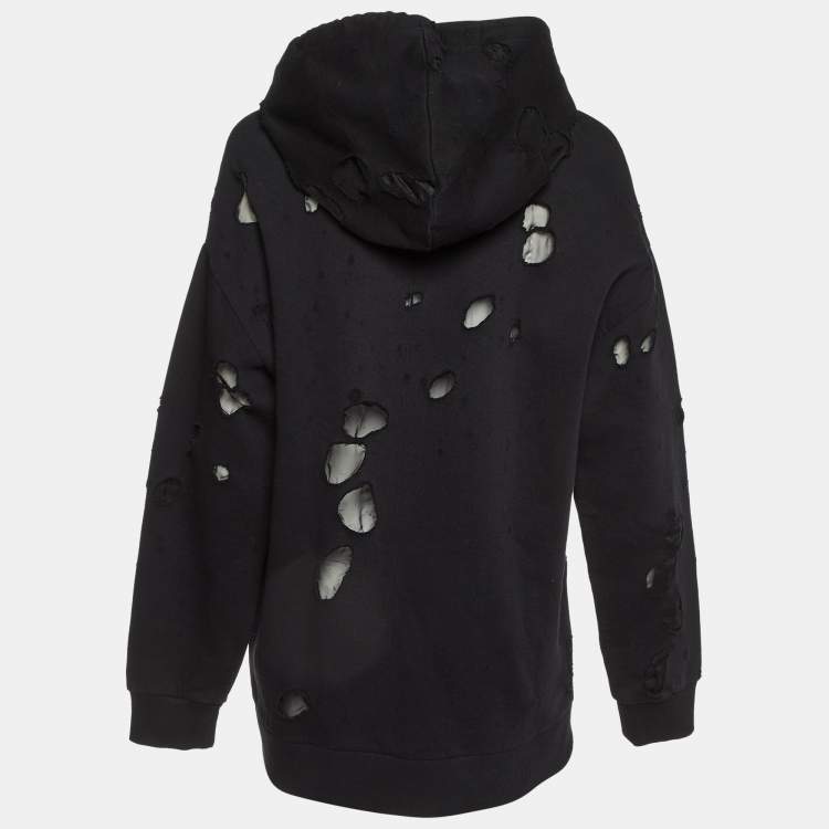 Pre Owned Givenchy Black Logo Print Cotton Distressed Hooded Sweatshirt L