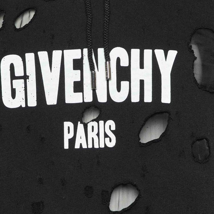 Pre Owned Givenchy Black Logo Print Cotton Distressed Hooded Sweatshirt L