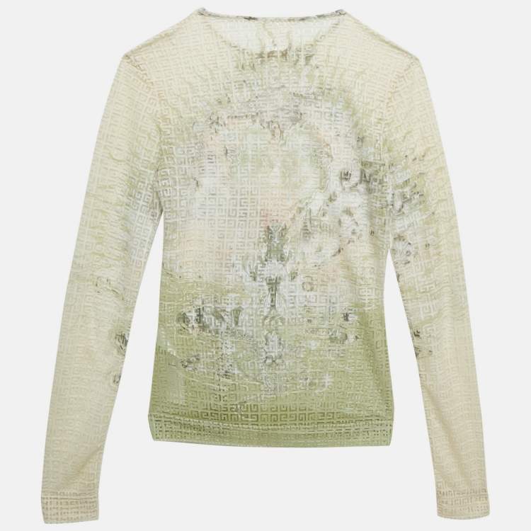 Pre Owned Givenchy Cream Monogram Sheer Jacquard Knit Long Sleeve Top S