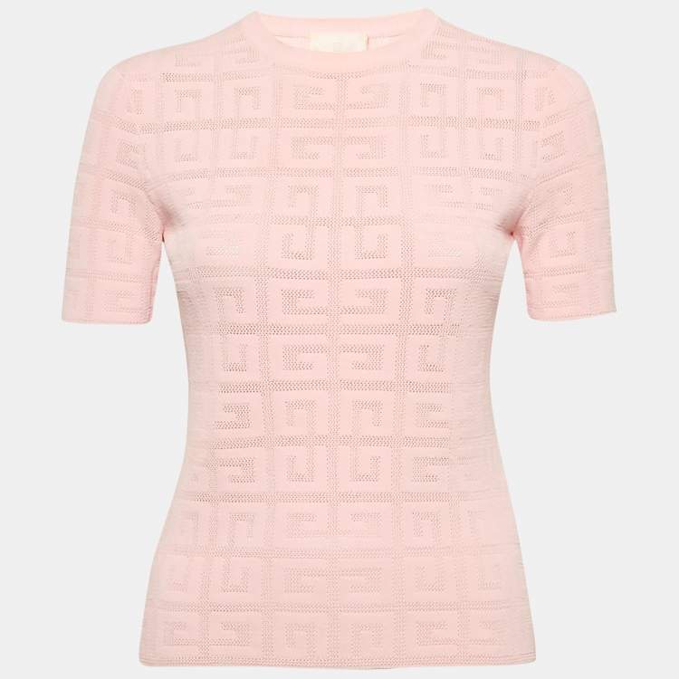 Pre Owned Givenchy Pink Logo Monogram Stretch Knit Crew Neck Top XS