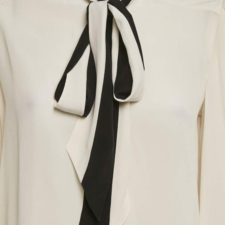 Pre Owned Givenchy Off- White Silk Chiffon Contrast Neck Tie Detail Shirt M