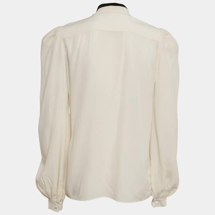 Pre Owned Givenchy Off- White Silk Chiffon Contrast Neck Tie Detail Shirt M