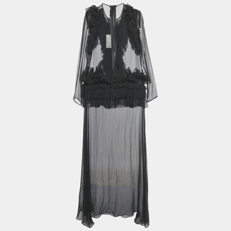 Pre Owned Givenchy Black Frill & Zipper Detail Silk Sheer Maxi Dress L