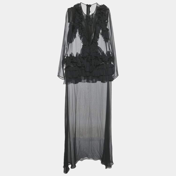 Pre Owned Givenchy Black Frill & Zipper Detail Silk Sheer Maxi Dress L