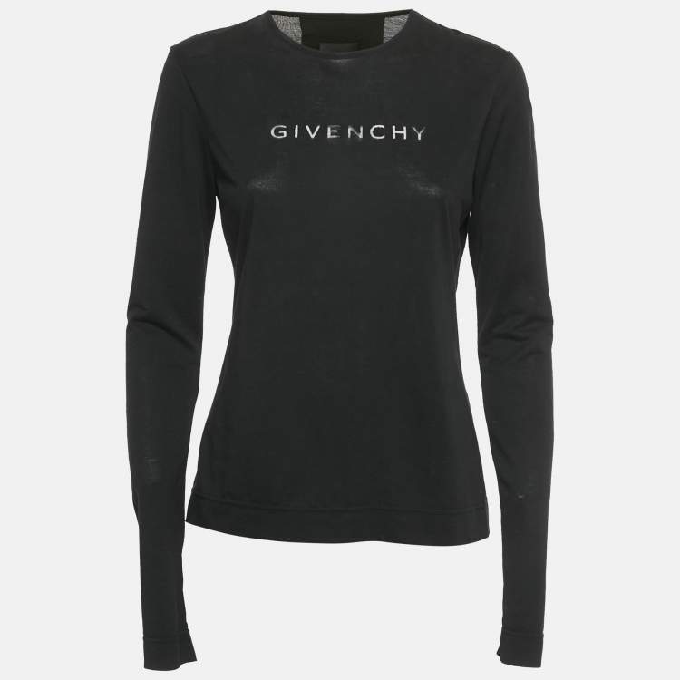 Pre Owned Givenchy Black Sheer Logo Detail Knit Full Sleeve T-Shirt S