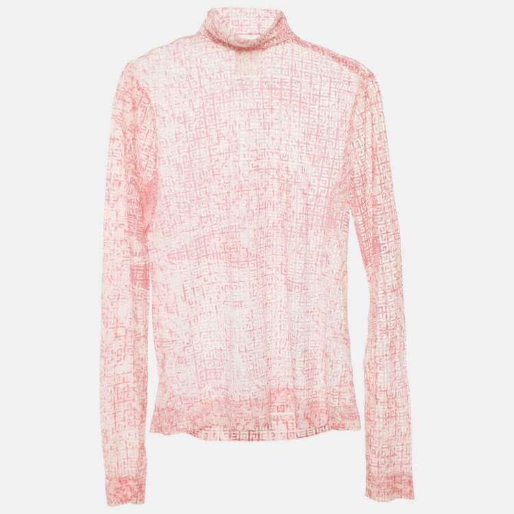 Pre Owned Givenchy Pink/White Mesh Velvet 4G Turtleneck Top M