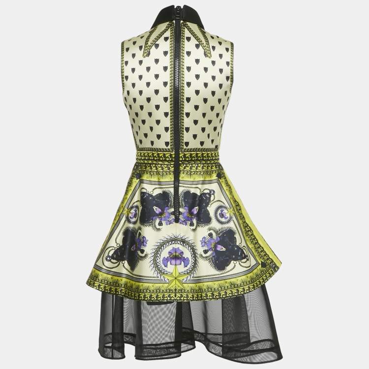 Pre Owned Givenchy Yellow Panther Print Satin Tulle Trim Short Dress S