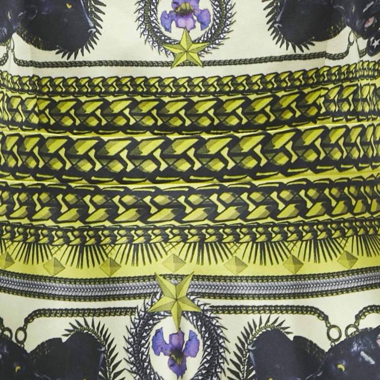 Pre Owned Givenchy Yellow Panther Print Satin Tulle Trim Short Dress S