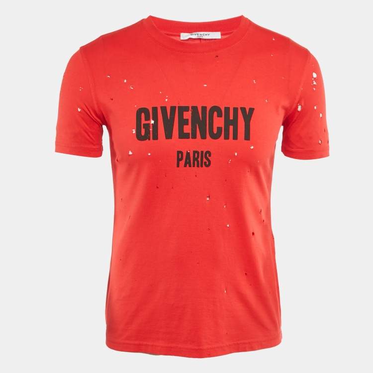 Pre Owned Givenchy Red Distressed Cotton Half Sleeve T-Shirt M