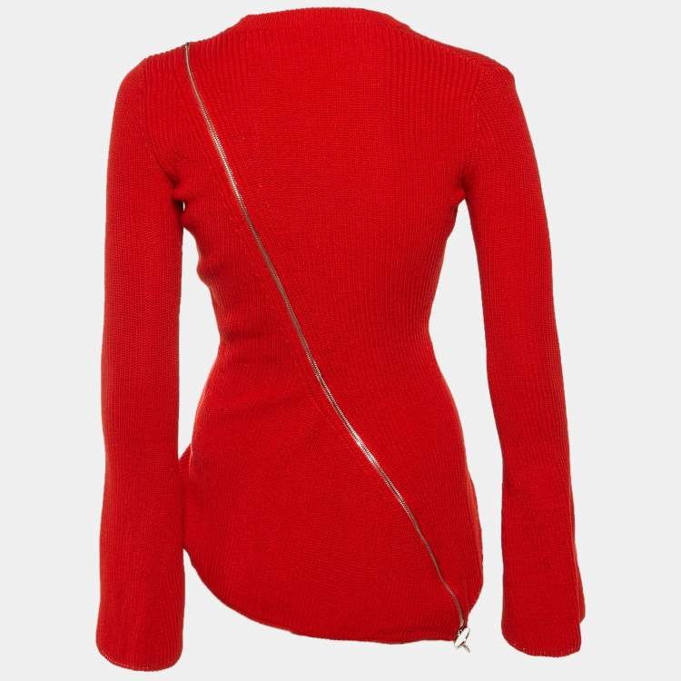 Pre Owned Givenchy Red Knit Asymmetric Zipper Chain Detail Sweater XS