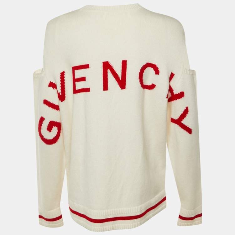 Pre Owned Givenchy Cream/Red Logo Intarsia Wool Blend Cut Out Sleeve Detail Sweater S