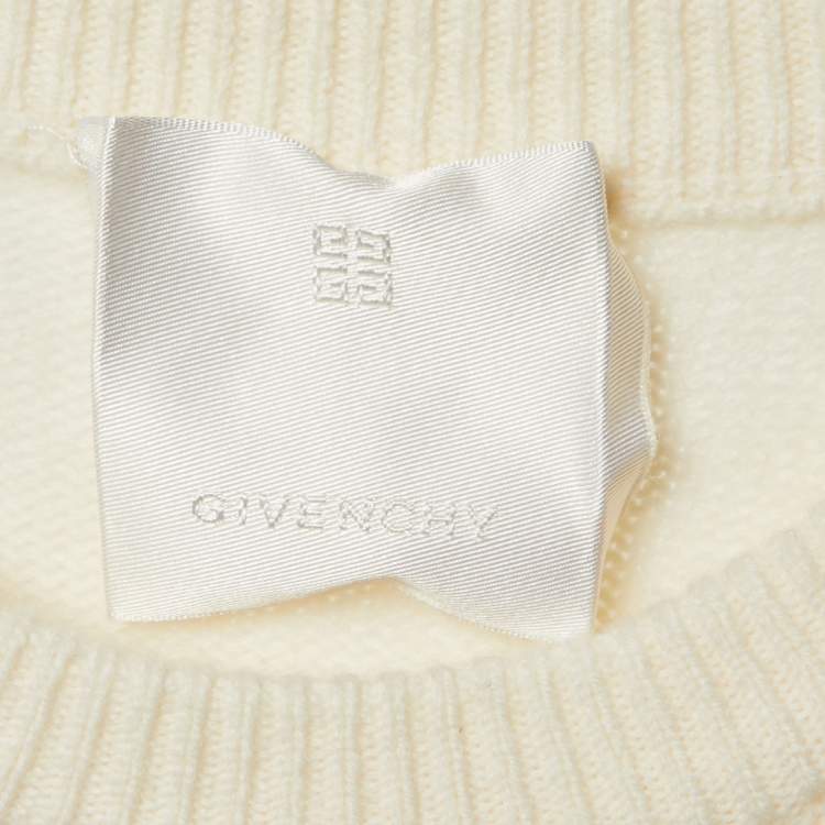 Pre Owned Givenchy Cream/Red Logo Intarsia Wool Blend Cut Out Sleeve Detail Sweater S