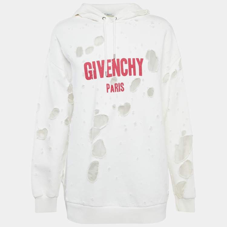 Pre Owned Givenchy White Logo Print Distressed Oversize Hoodie XS 
