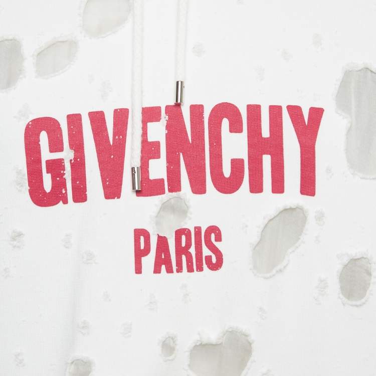 Pre Owned Givenchy White Logo Print Distressed Oversize Hoodie XS 