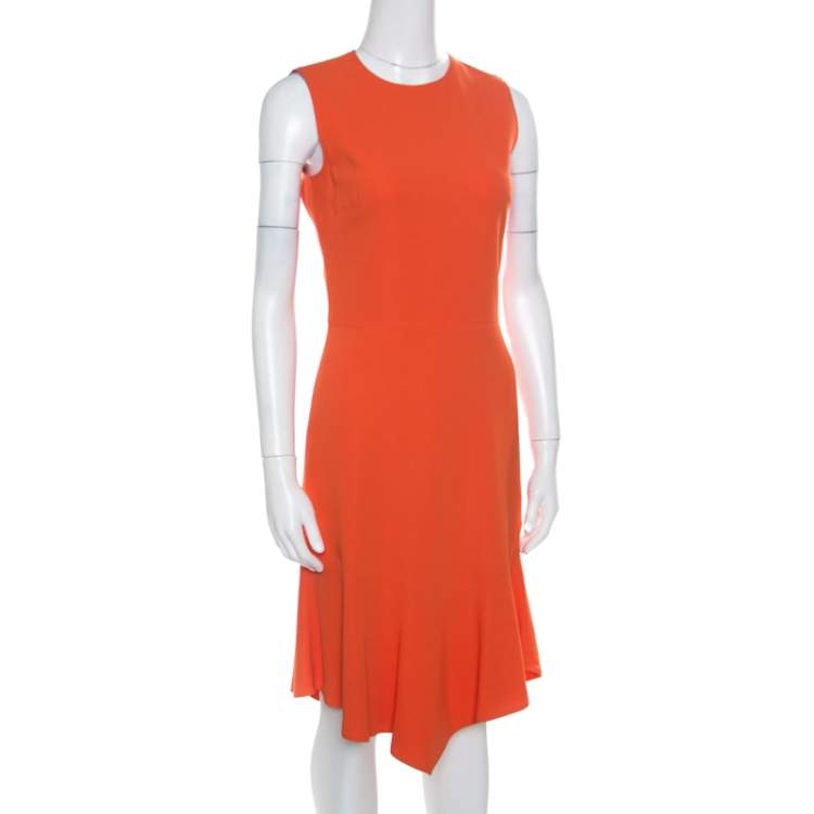 Pre Owned Givenchy Bright Orange Stretch Knit Sleeveless Asymmetric Hem Sheath Dress S