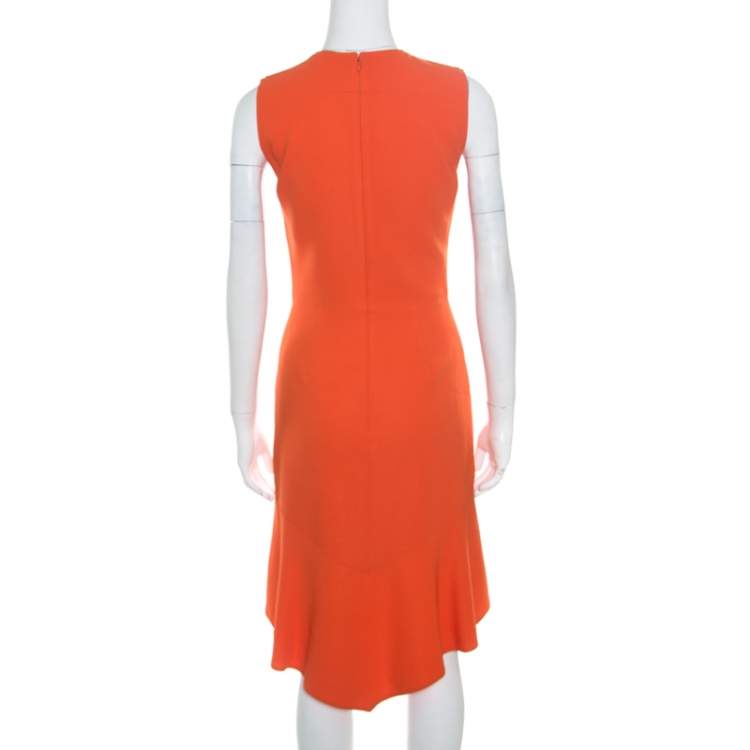 Pre Owned Givenchy Bright Orange Stretch Knit Sleeveless Asymmetric Hem Sheath Dress S