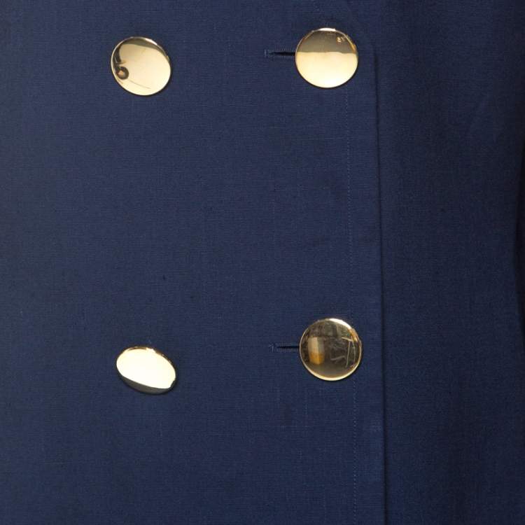 Pre Owned Givenchy Dark Blue Linen Padded Shoulder Double Breasted Jacket L 