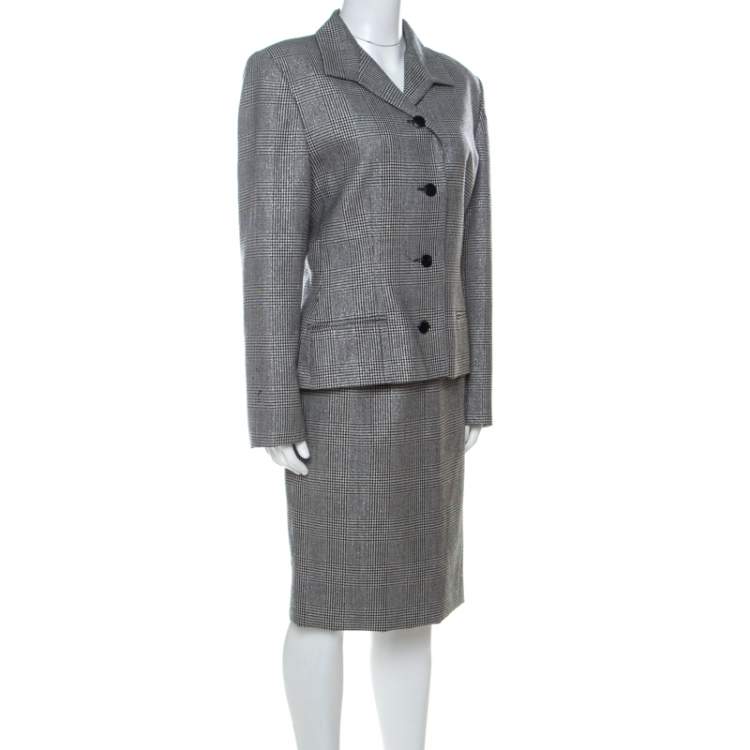 Pre Owned Givenchy Monochrome Prince of Whales Checked Wool Skirt Suit L