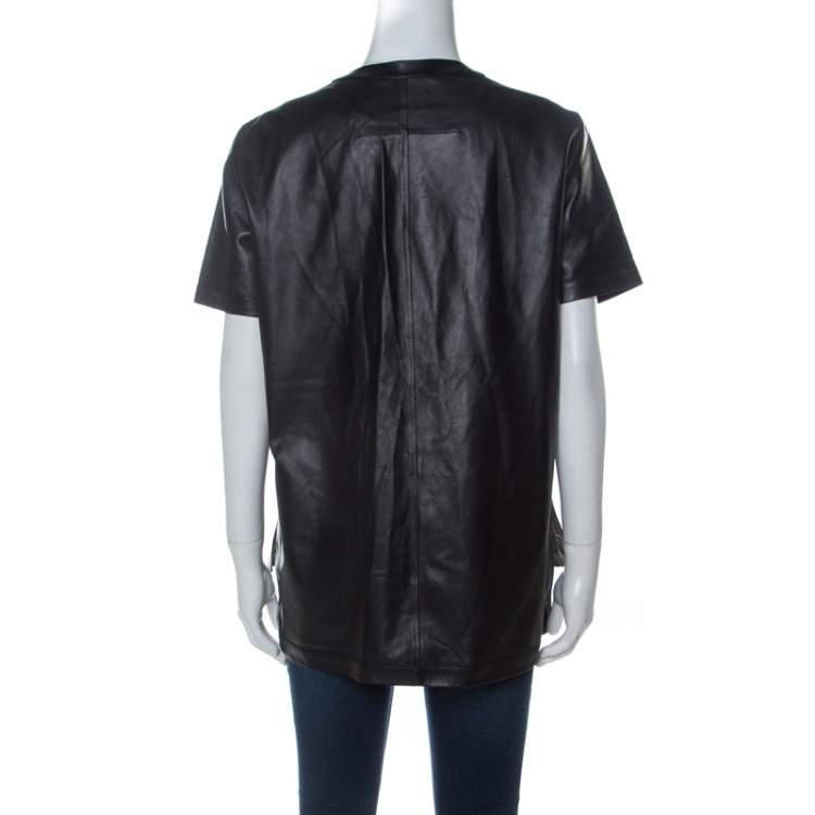 Pre Owned Givenchy Black Lambskin Zip Front Short Sleeve Top L