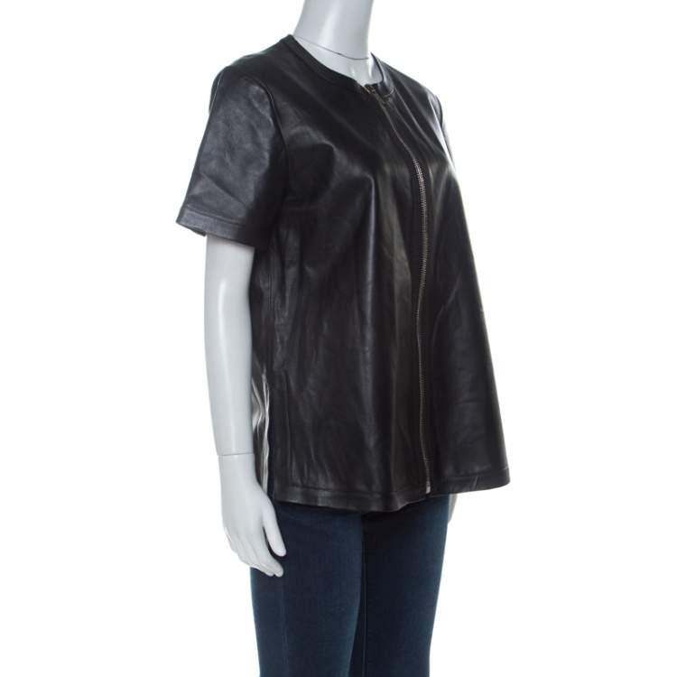 Pre Owned Givenchy Black Lambskin Zip Front Short Sleeve Top L