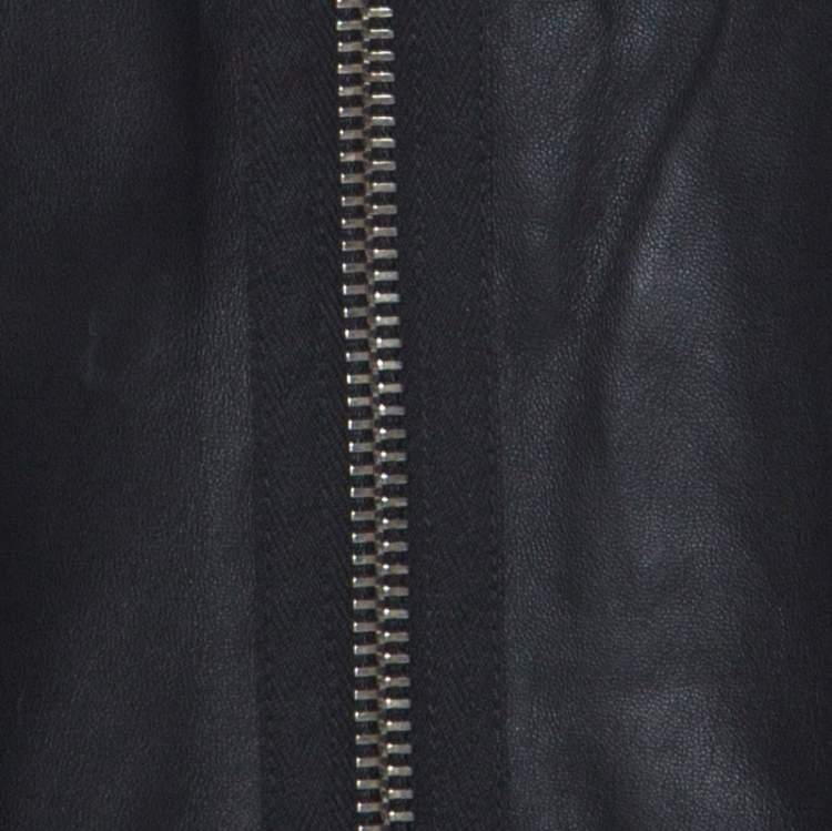 Pre Owned Givenchy Black Lambskin Zip Front Short Sleeve Top L