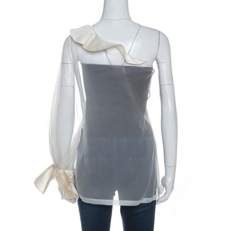 Pre Owned Givenchy Cream Silk Organza One Shoulder Blouse M