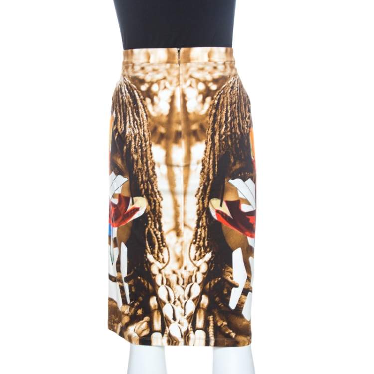 Pre Owned Givenchy Brown Himba Robot Print Stretch Knit Pencil Skirt M