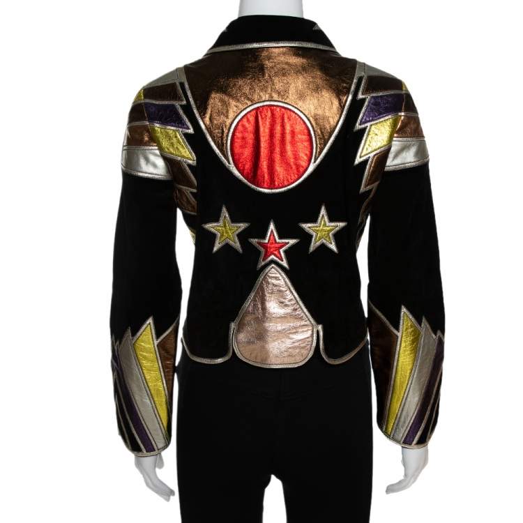 Pre Owned Givenchy Metallic Suede & Leather Patch Detail Cropped Jacket L