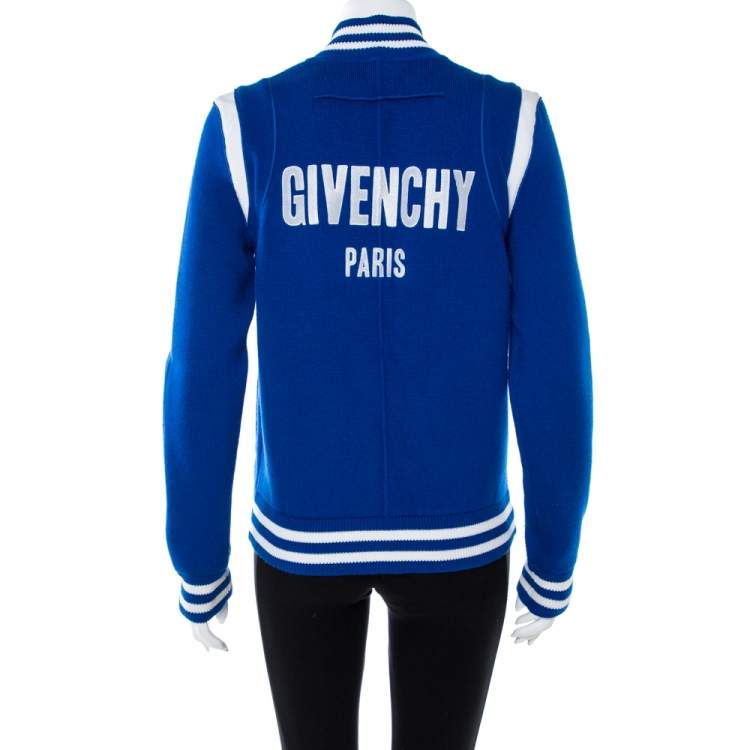 Pre Owned Givenchy Blue Wool Knit Logo Embroidered Bomber Jacket XS