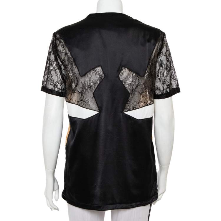 Pre Owned Givenchy Black Silk & Lace Paneled Shoulder Zip Detail Top S