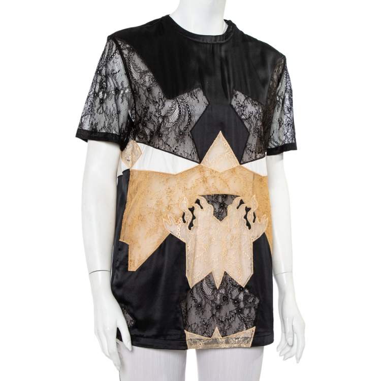 Pre Owned Givenchy Black Silk & Lace Paneled Shoulder Zip Detail Top S