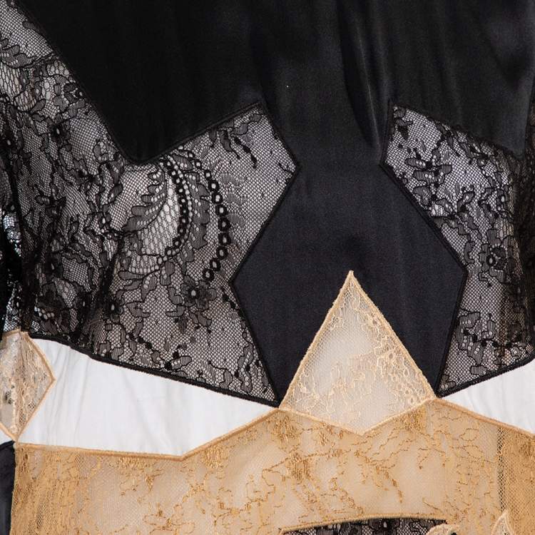 Pre Owned Givenchy Black Silk & Lace Paneled Shoulder Zip Detail Top S