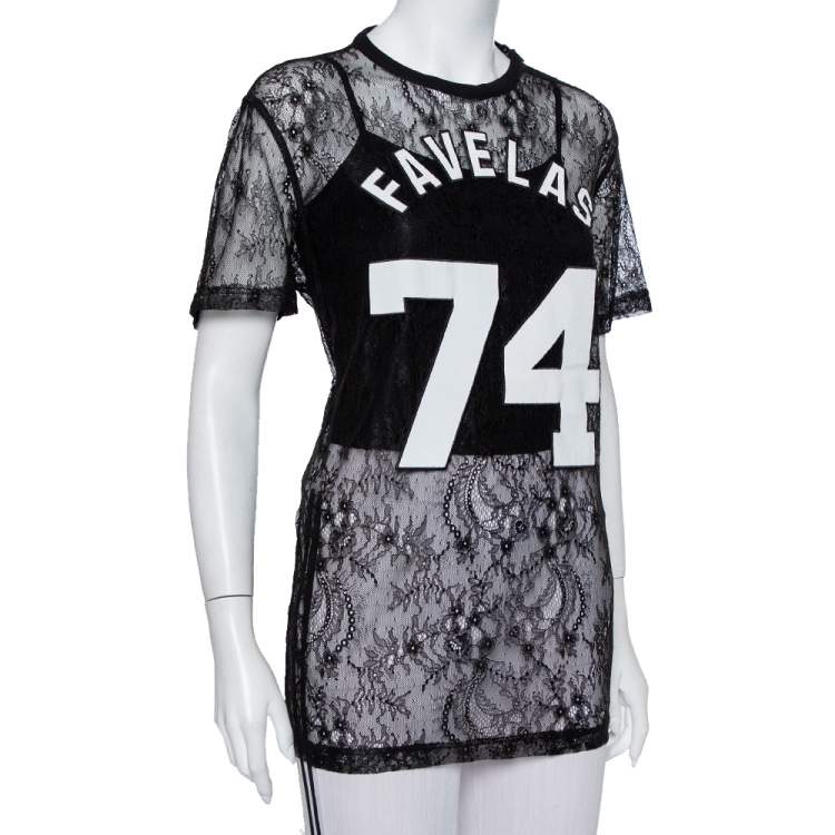 Pre Owned Givenchy Black Lace Favelas Applique Detail Short Sleeve Sheer Top S