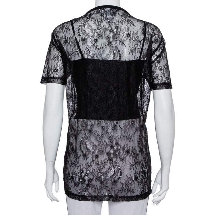 Pre Owned Givenchy Black Lace Favelas Applique Detail Short Sleeve Sheer Top S