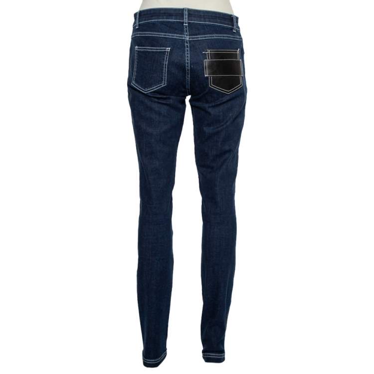 Pre Owned Givenchy Navy Blue Denim Leather Paneled Tapered Leg Jeans M