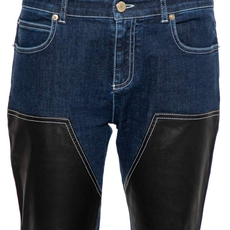 Pre Owned Givenchy Navy Blue Denim Leather Paneled Tapered Leg Jeans M