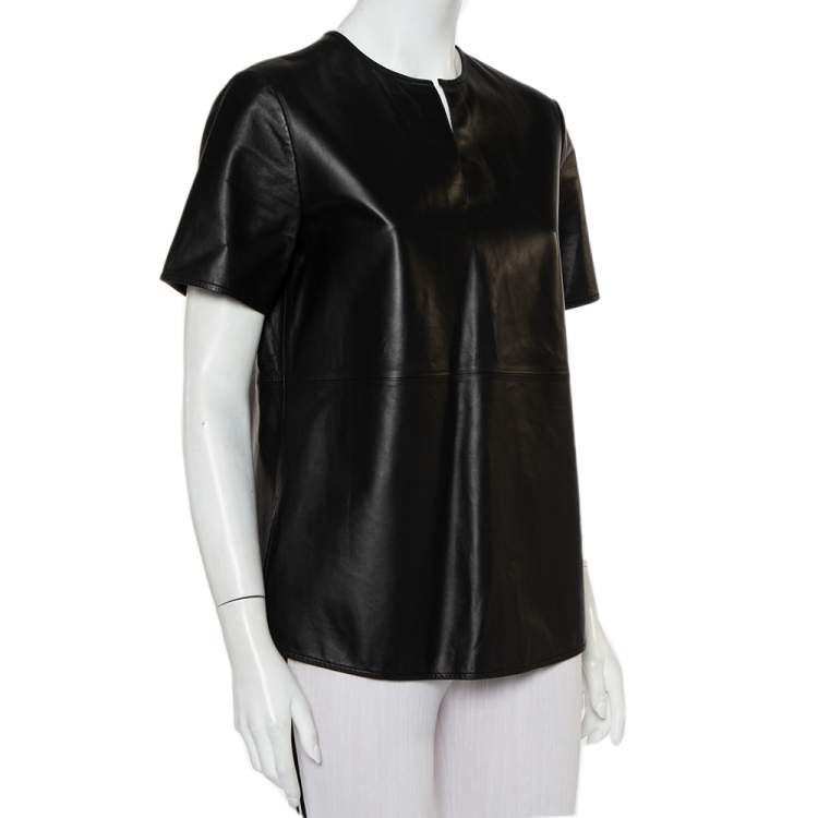 Pre Owned Givenchy Black Leather Short Sleeve Top M