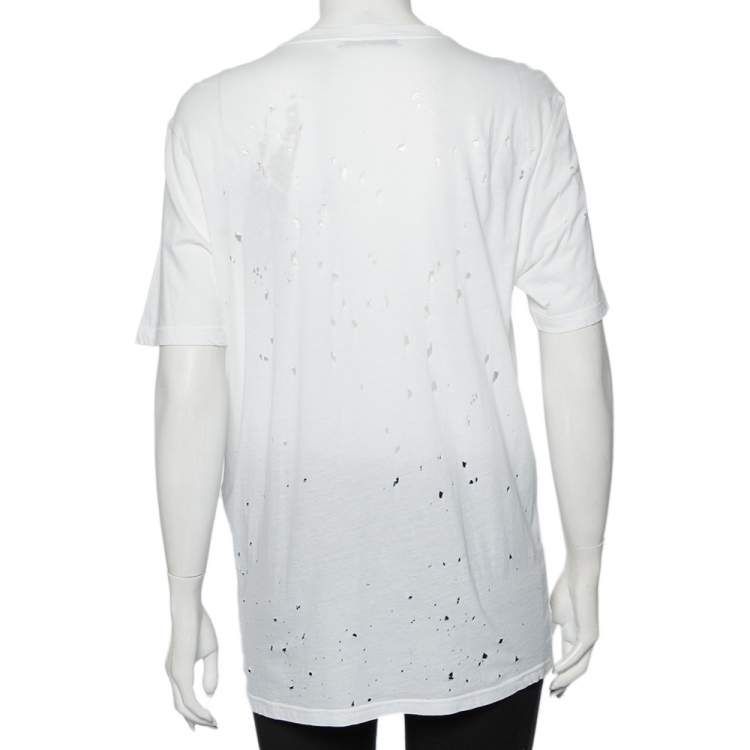 Pre Owned Givenchy White Logo Printed Cotton Distressed T-Shirt XS