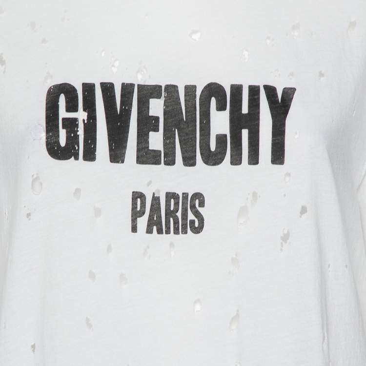 Pre Owned Givenchy White Logo Printed Cotton Distressed T-Shirt XS