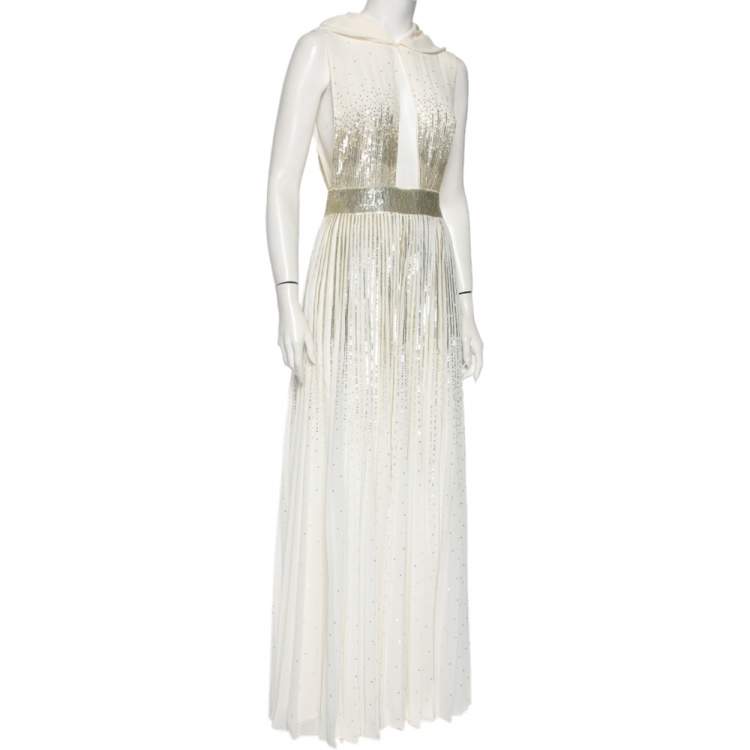 Pre Owned Givenchy White Silk-Georgette Embellished Hooded Gown M