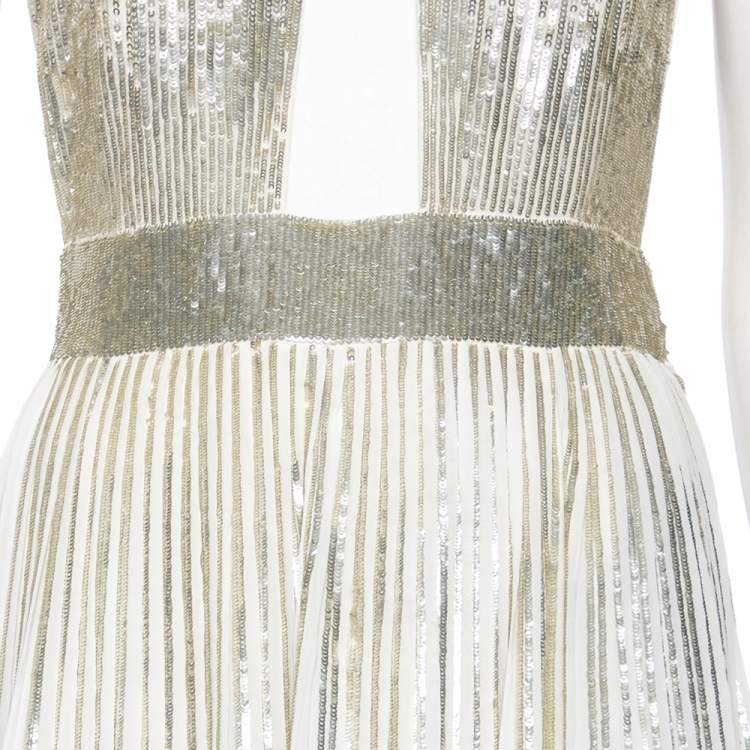 Pre Owned Givenchy White Silk-Georgette Embellished Hooded Gown M