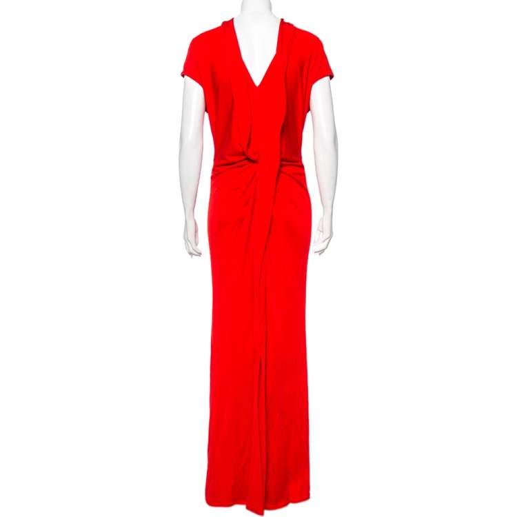 Pre Owned Givenchy Red Jersey Centre Slit Detail V-Neck Maxi Dress L