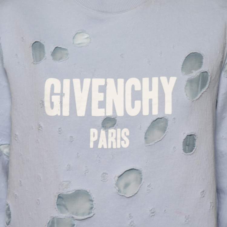 Pre Owned Givenchy Light Blue Cotton Logo Printed Distressed Oversized Sweatshirt XS