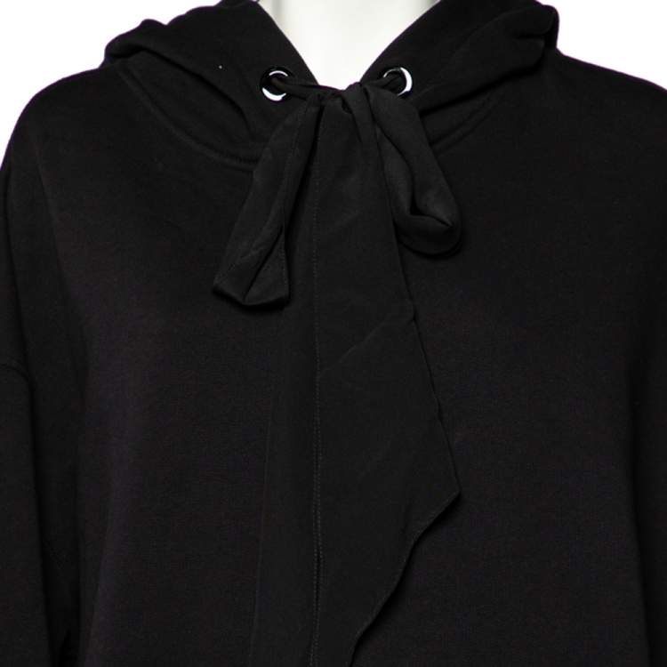 Pre Owned Givenchy Black Cotton Logo Printed Silk Tie Detail Oversized Hooded Sweater Dress XS