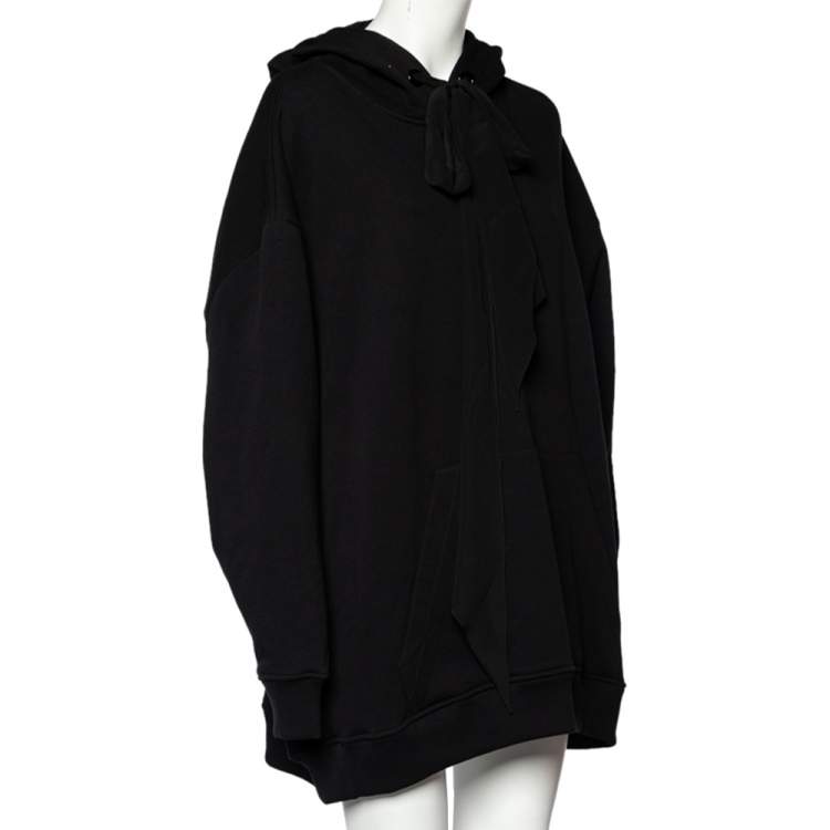 Pre Owned Givenchy Black Cotton Logo Printed Silk Tie Detail Oversized Hooded Sweater Dress XS