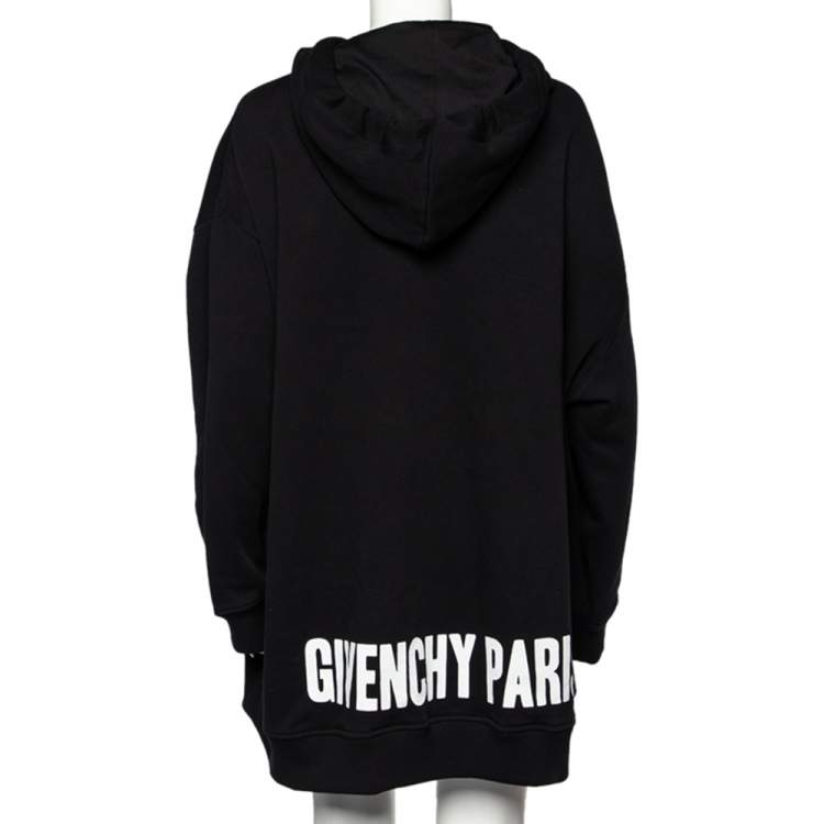 Pre Owned Givenchy Black Cotton Logo Printed Silk Tie Detail Oversized Hooded Sweater Dress XS