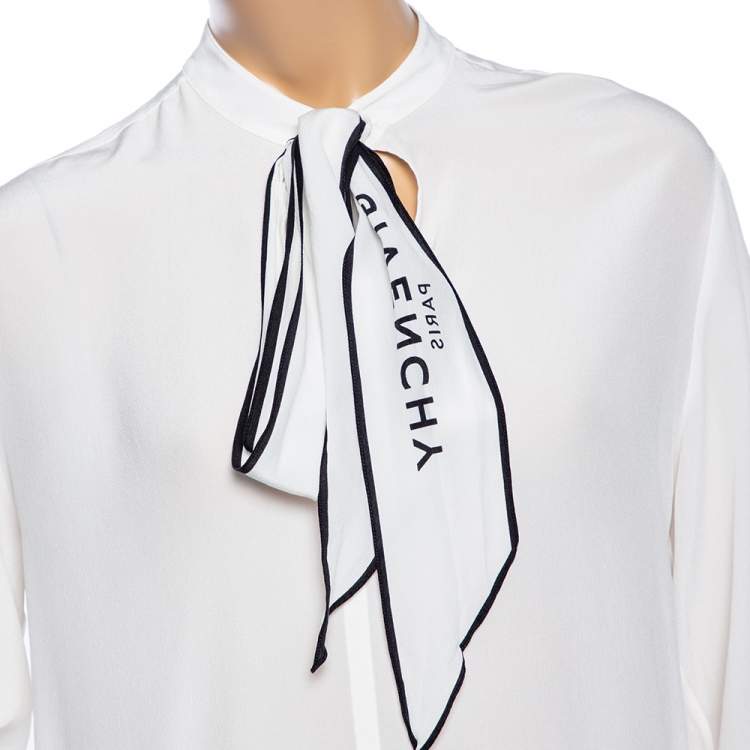 Pre Owned Givenchy White Silk Logo Scarf Detailed Long Sleeve Blouse S