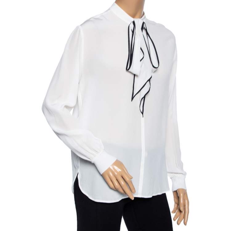 Pre Owned Givenchy White Silk Logo Scarf Detailed Long Sleeve Blouse S